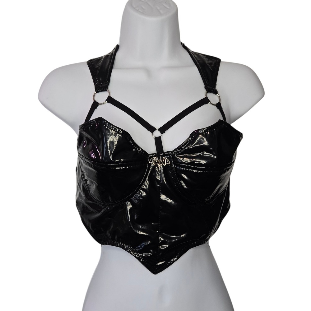 Black Vinyl Bat Corset Halter Top Gothic Punk Bustier Crop Top Medium